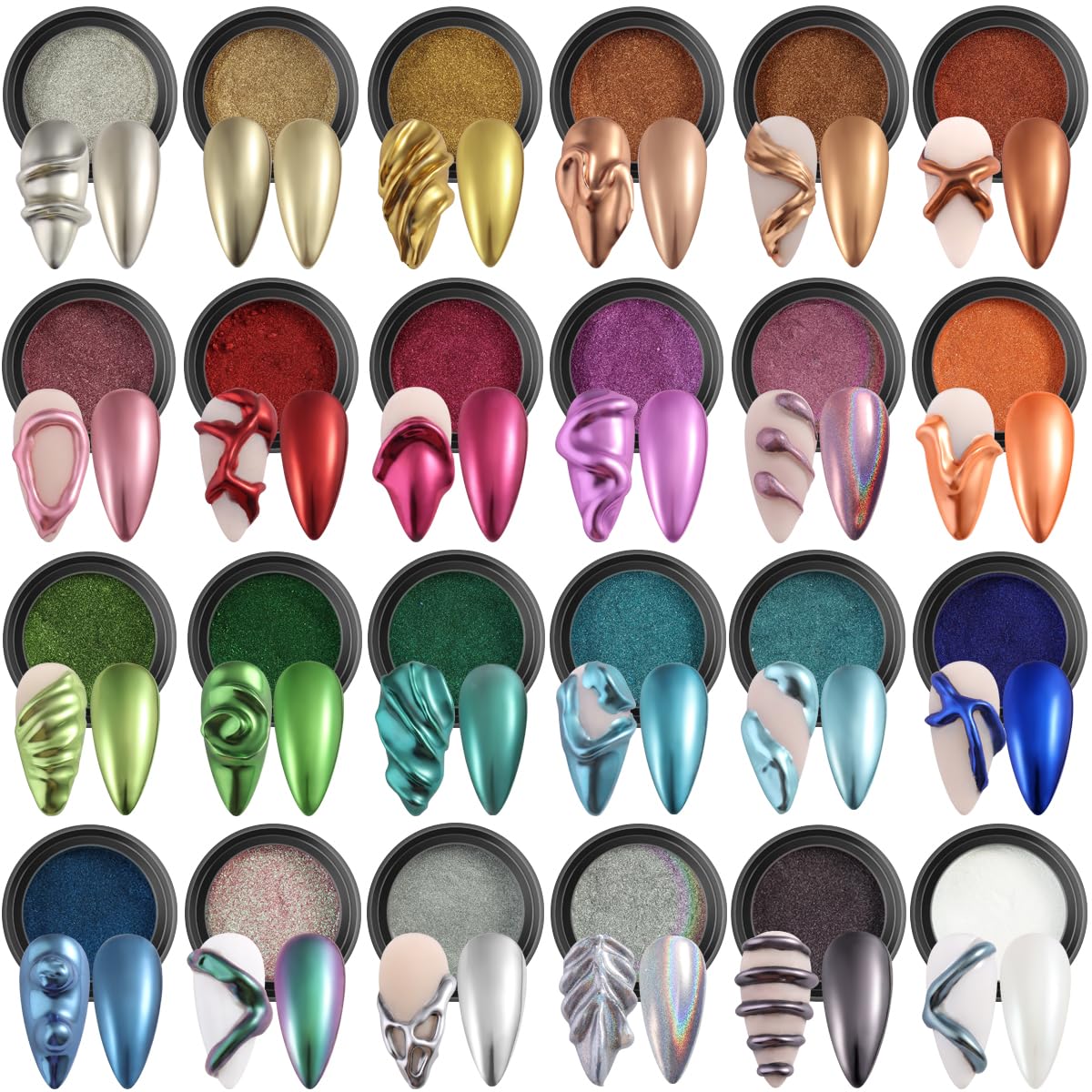Fcozpjk front packaging showing 24 chrome powder boxes and included brushes for variety