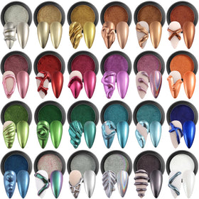 Fcozpjk front packaging showing 24 chrome powder boxes and included brushes for variety