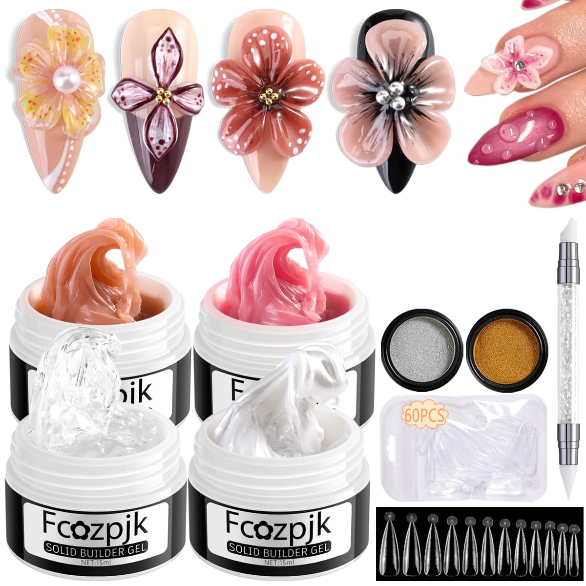 Fcozpjk kit front packaging showing four builder gel bottles and accessories for versatile nails
