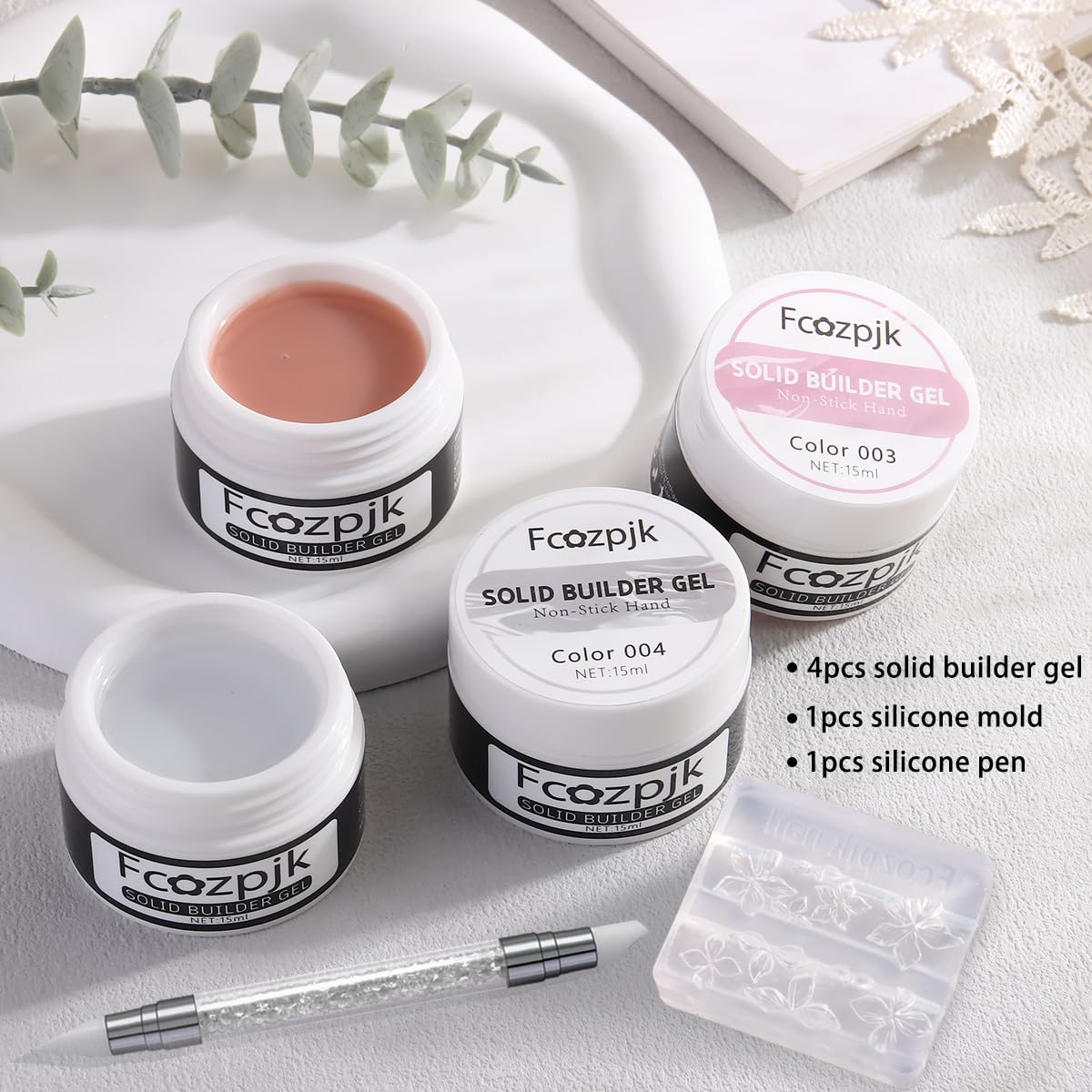 Fcozpjk gel bottles closeup showing four solid colors and texture
