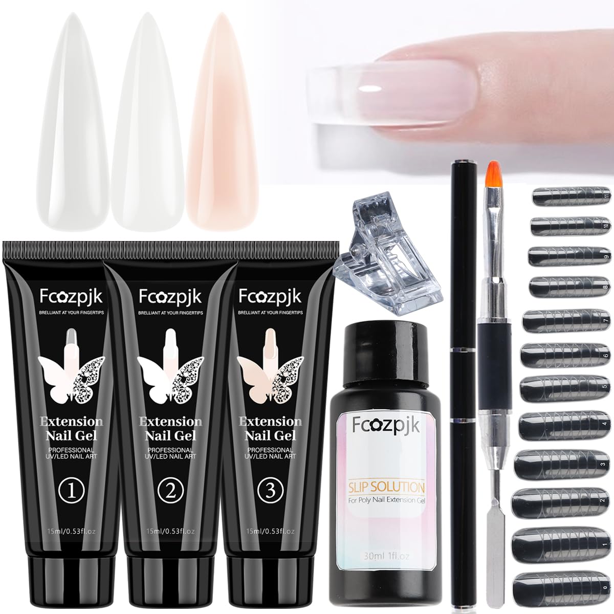 Fcozpjk kit front packaging showing gels, forms, clips and tools for easy home manicures