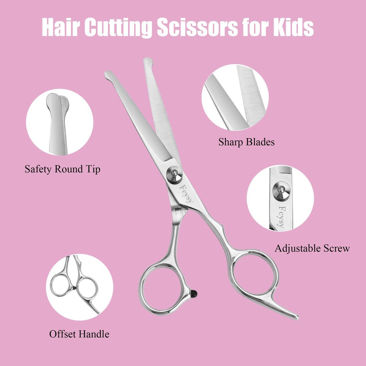 Fcysy scissors close-up showing sharp stainless steel blades for smooth cutting