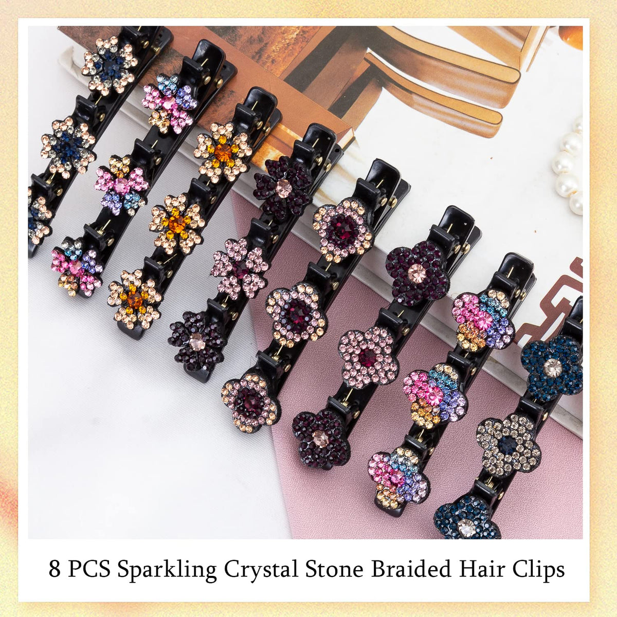 FDBJulyy close up rhinestone detail sparkling on the clip, highlights lasting shine