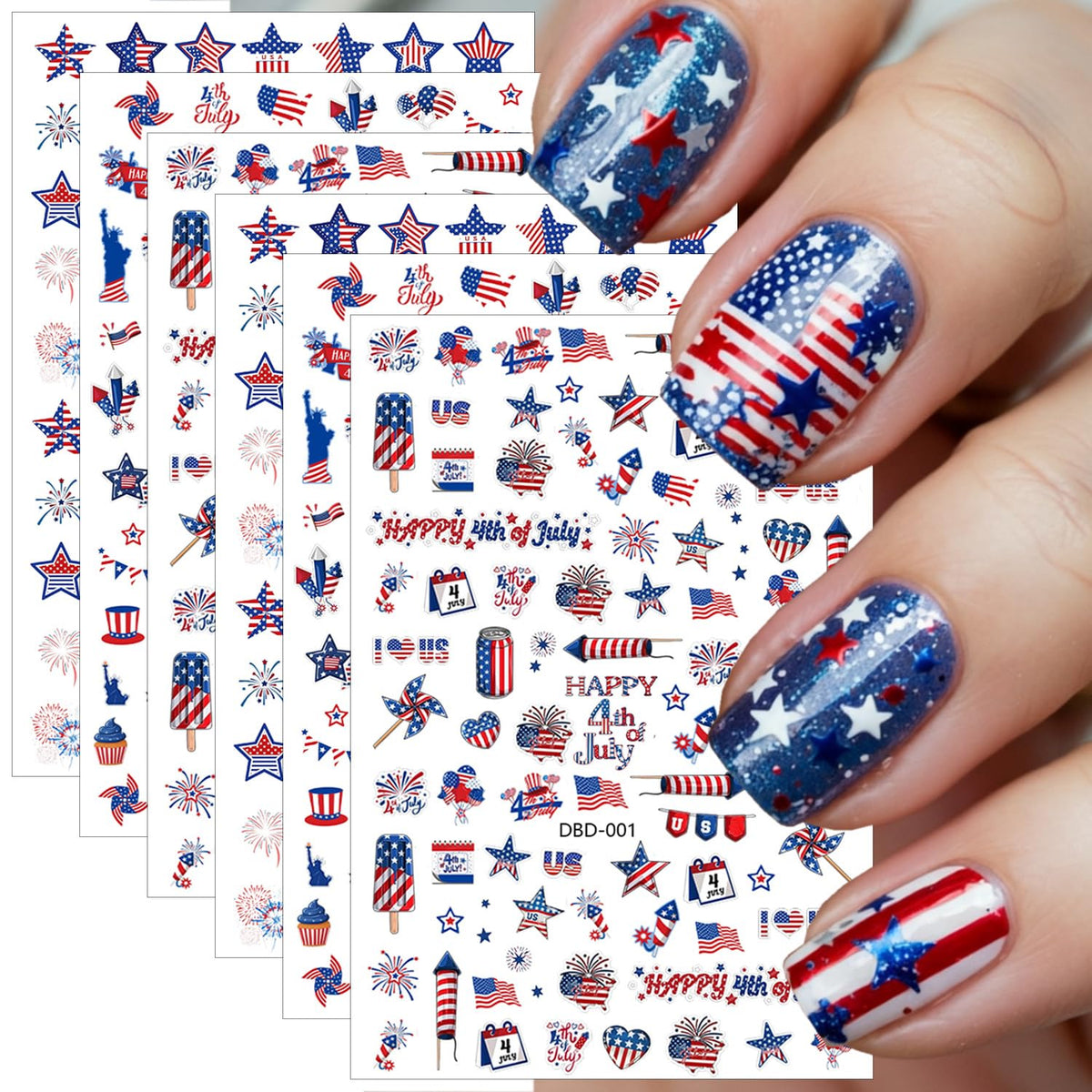FDSQHSA front packaging showing six patriotic sticker sheets, easy selection benefit