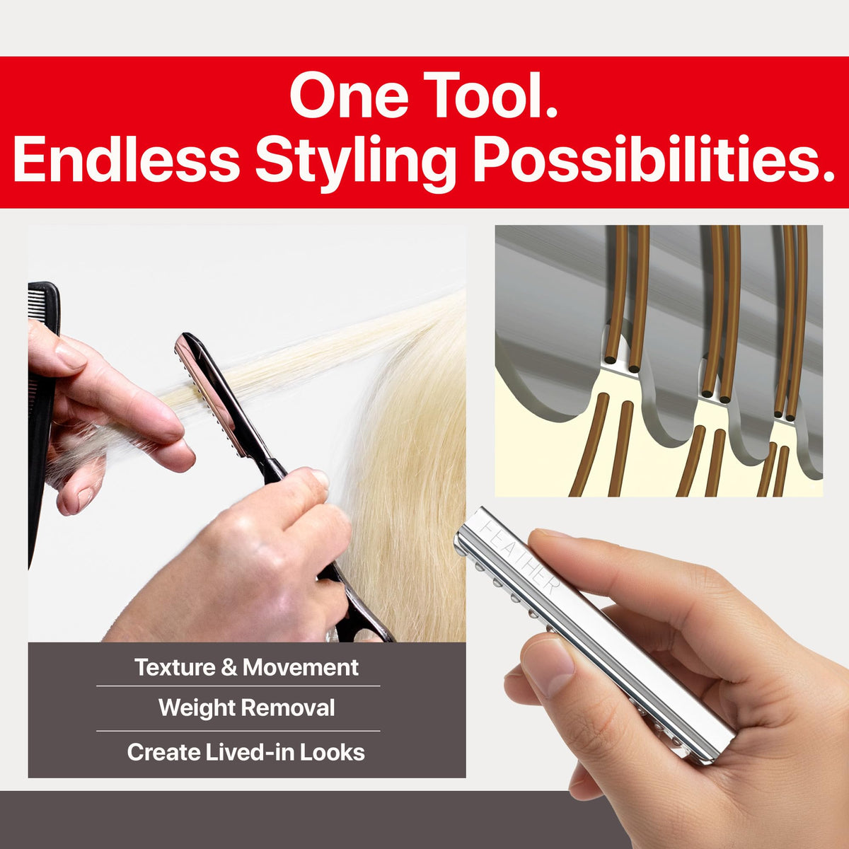 Feather blade inserted in styling handle demonstrating controlled feathering in use