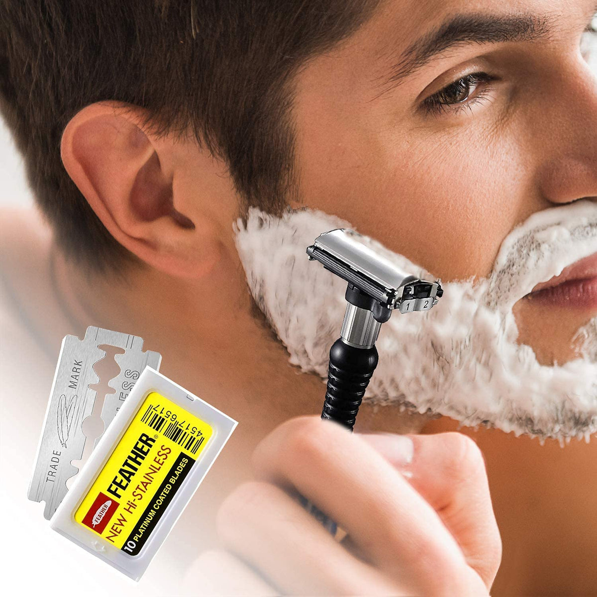 Feather blades staged on bathroom counter with lather brush implying reliable daily shaving