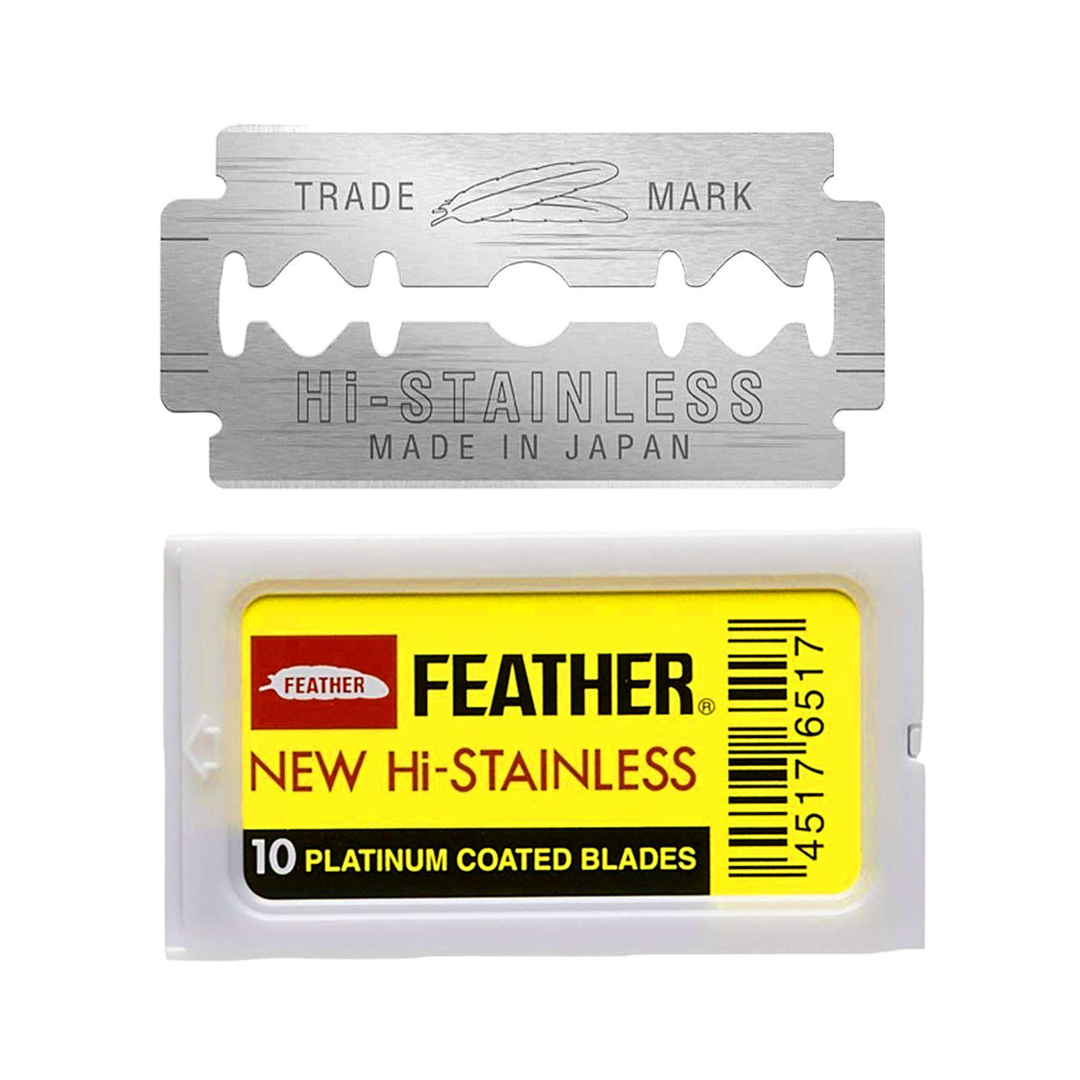 Feather pack front view showing compact blade packet and clear branding, assures quality