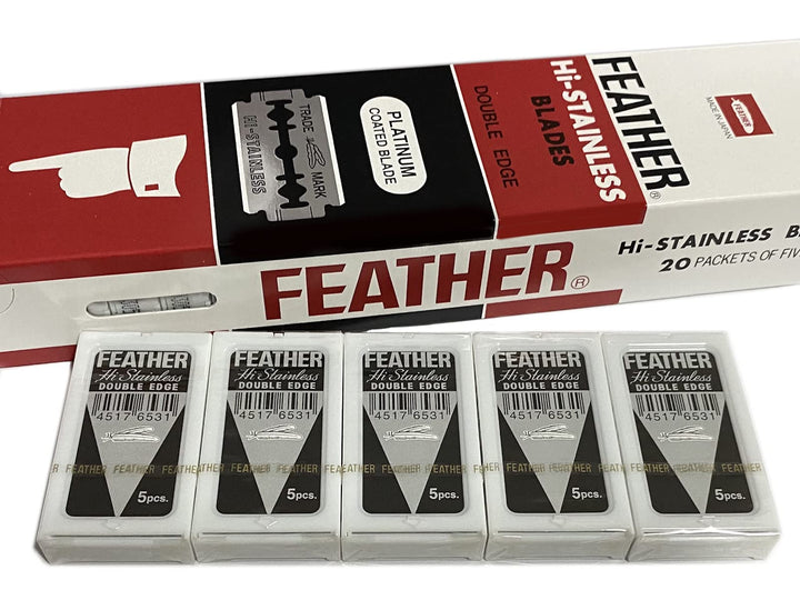 Feather front packaging showing 100 blades and neat branding for long-lasting supply