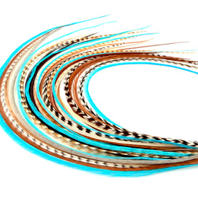 Feather Headz front packaging showing vibrant natural and turquoise feathers and kit contents benefit easy selection
