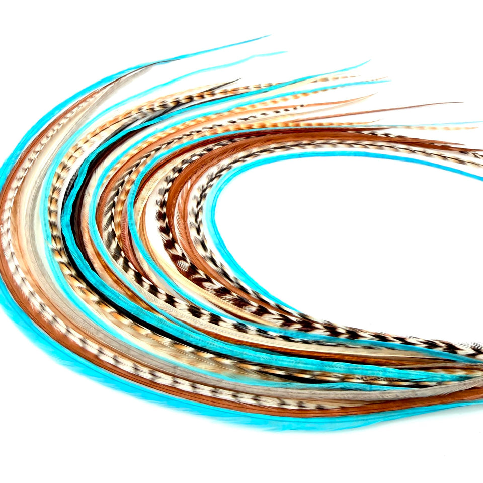 Feather Headz front packaging showing vibrant natural and turquoise feathers and kit contents benefit easy selection