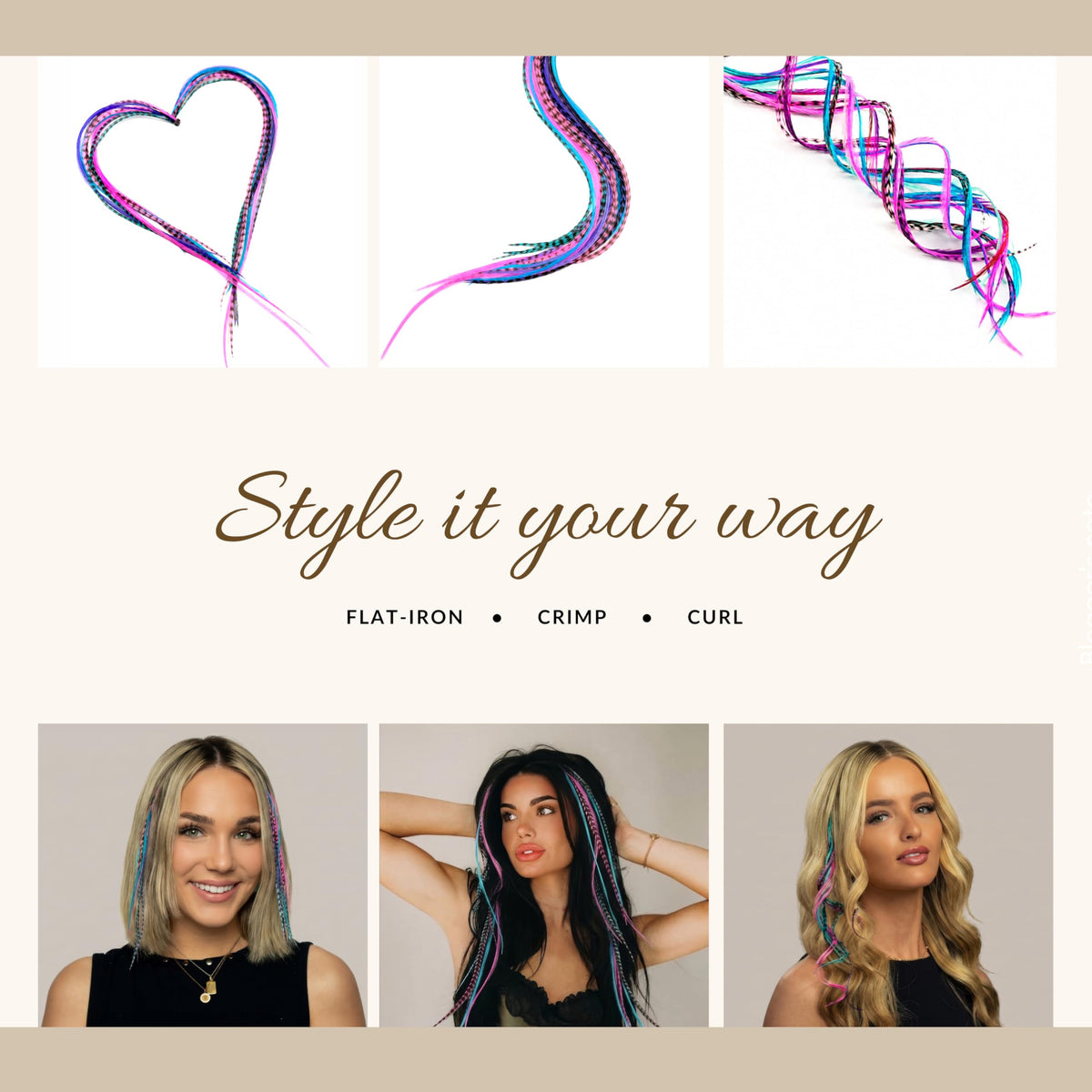 Feather Headz extensions installed in braids displaying colorful boho accent