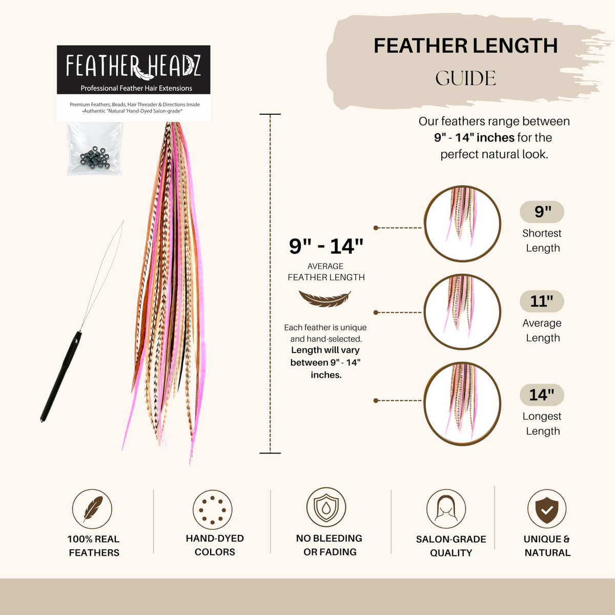 Feather Headz installed side view on model adding boho flair and instant color contrast
