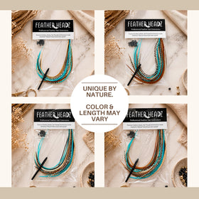Feather Headz length comparison display showing 9-to-14-inch feathers for layered styling versatility