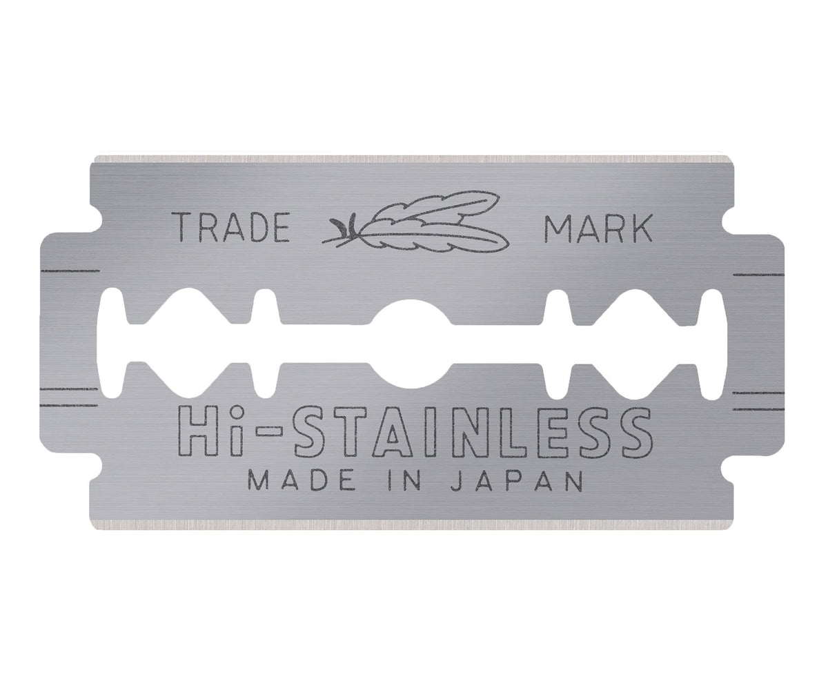 Feather packaging label detail highlighting platinum-coated Japanese steel quality