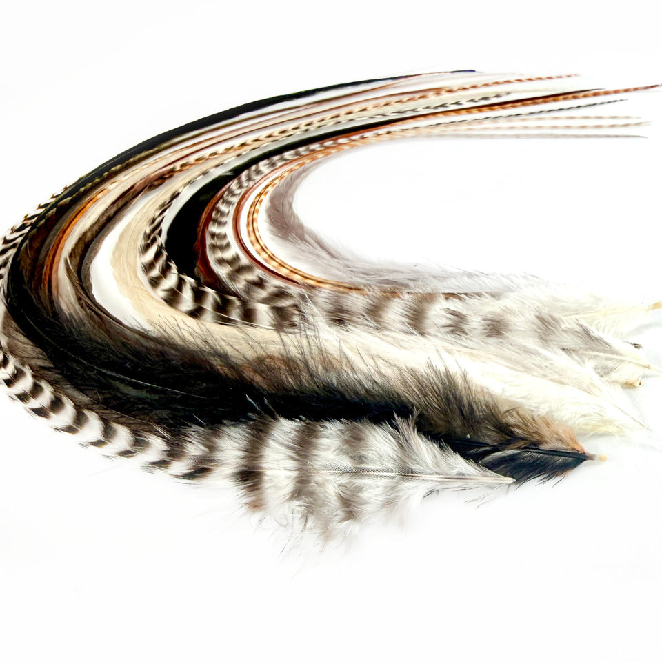 Feather Headz front packaging showing 15 real fluffy feathers and kit contents for easy styling