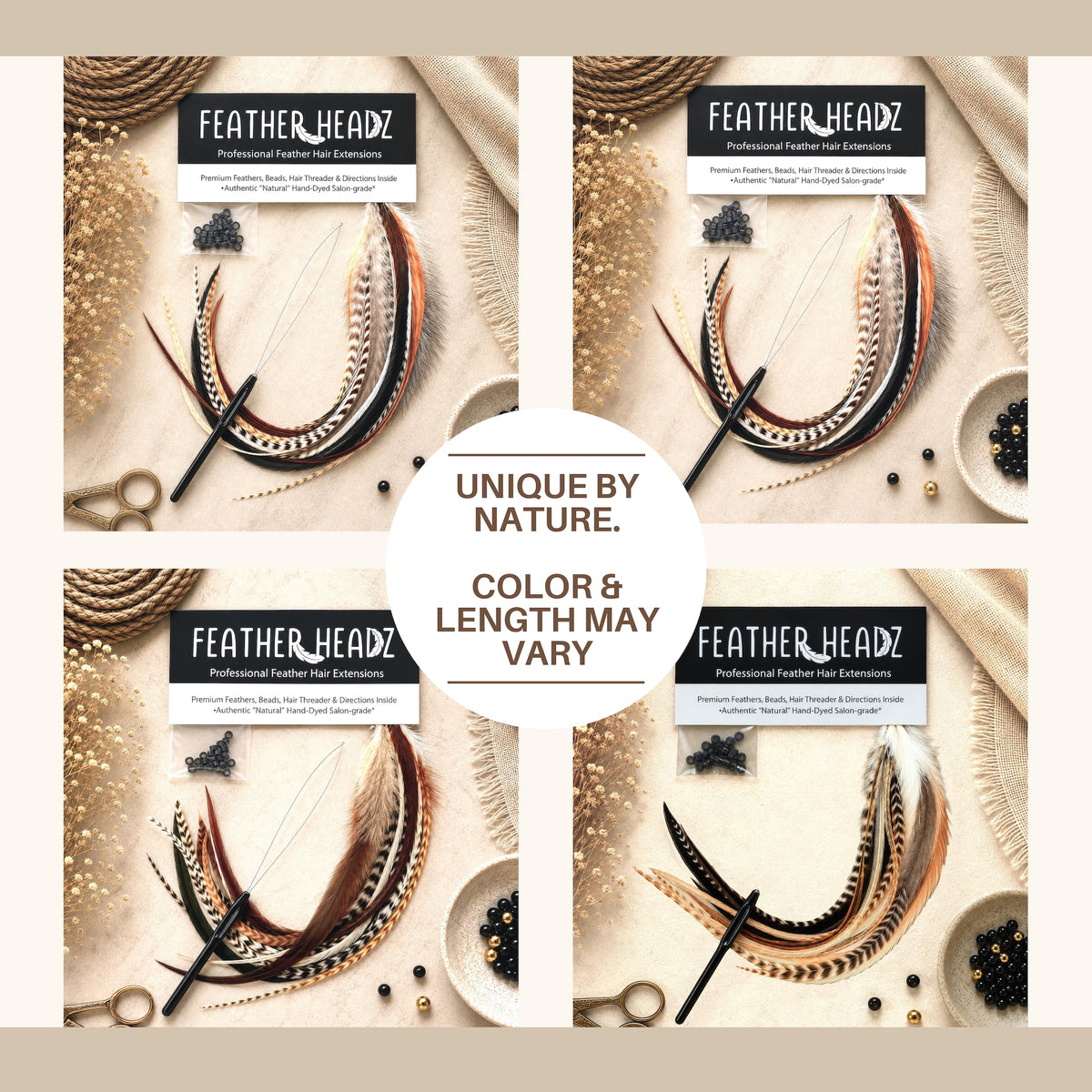 Feather Headz length comparison laid flat to show 7–12 inch variety for layered looks
