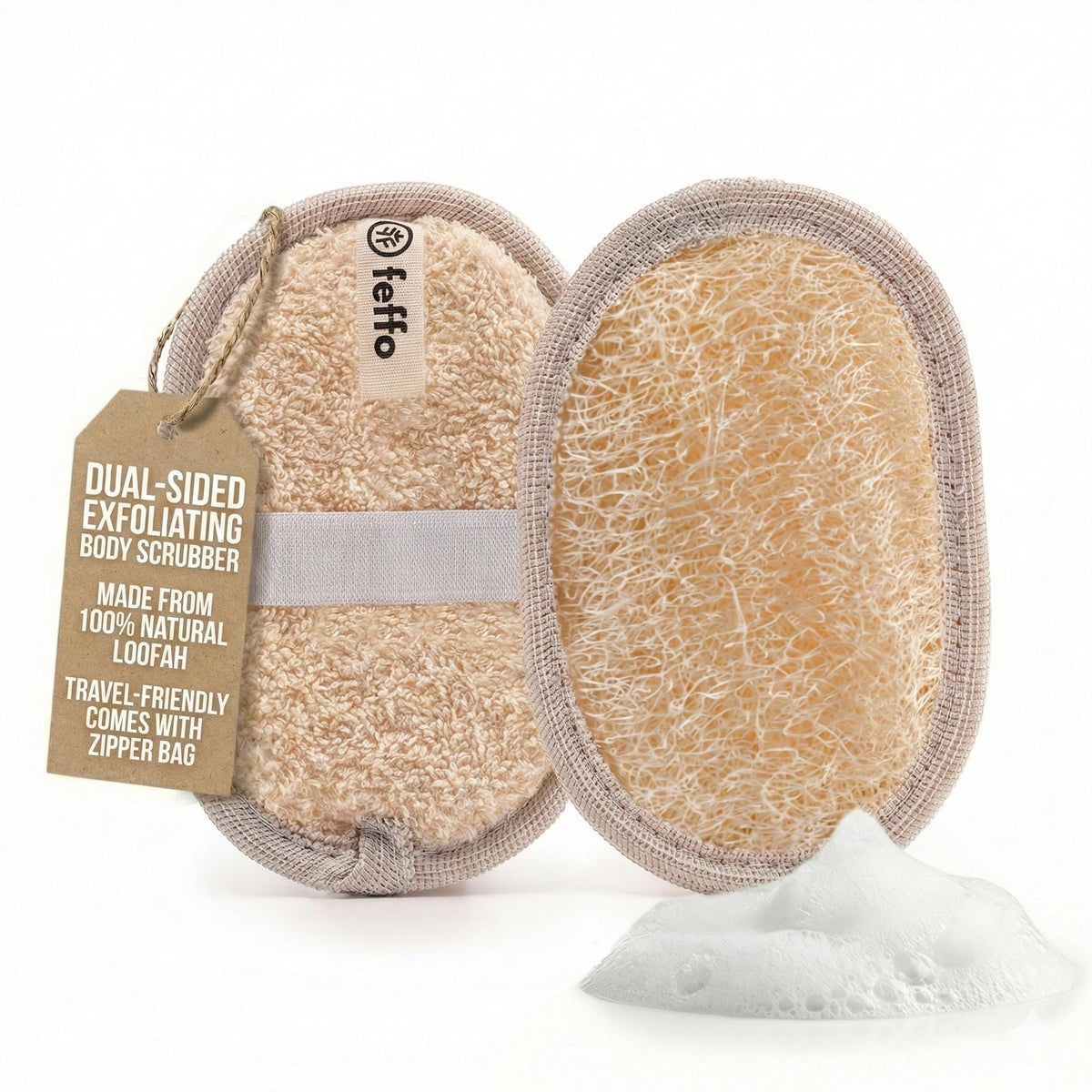 Feffo front oval loofah showing dual-sided design and clean finish