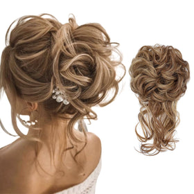 FeidyLong front view of messy bun hair piece shows natural color blend and quick styling benefit