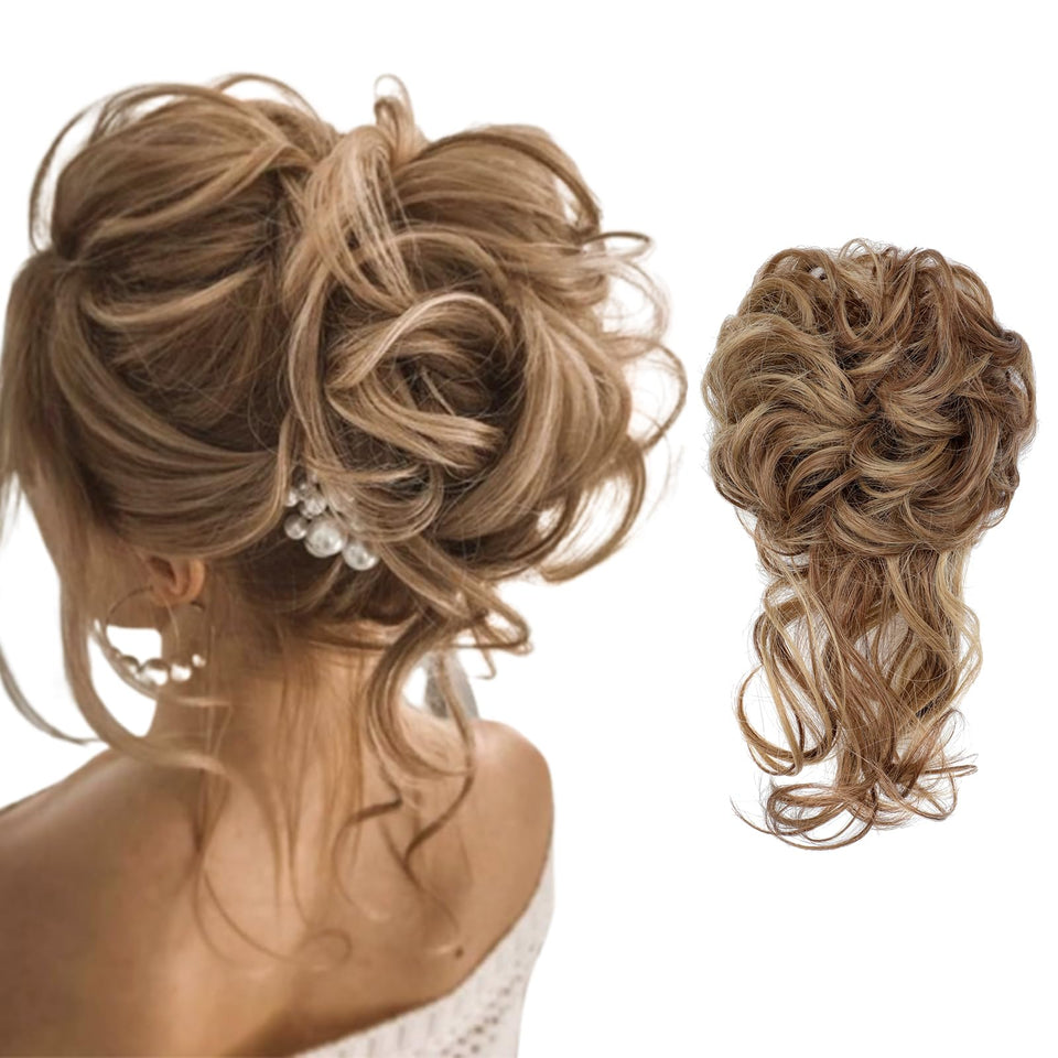 FeidyLong front view of messy bun hair piece shows natural color blend and quick styling benefit