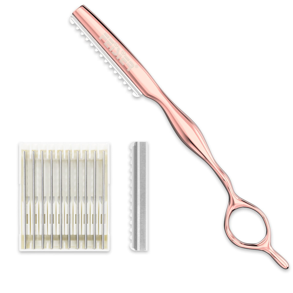 FEISIER front view razor kit showing polished stainless steel and included blades for professional results