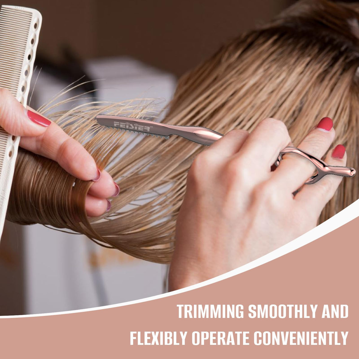 FEISIER razor in use by stylist creating soft layers for natural movement