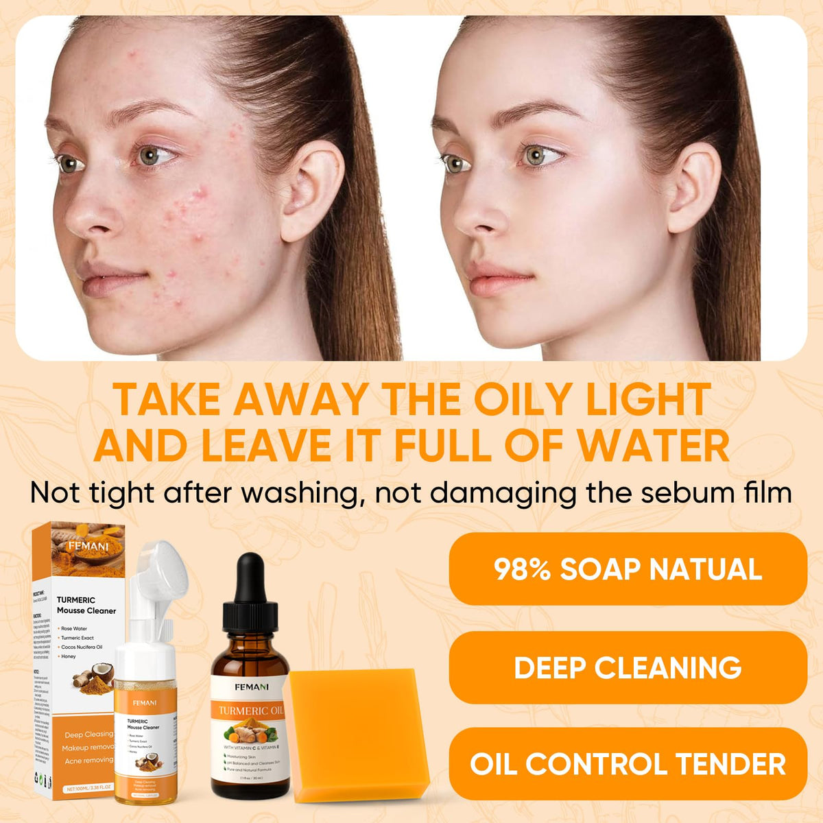 femani products arranged with turmeric root to show natural ingredient focus