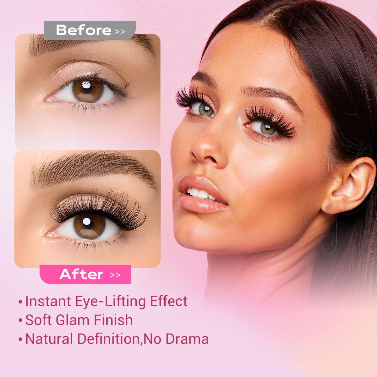 FENG BEAUTY lashes applied on eye model creating lifted cat-eye definition
