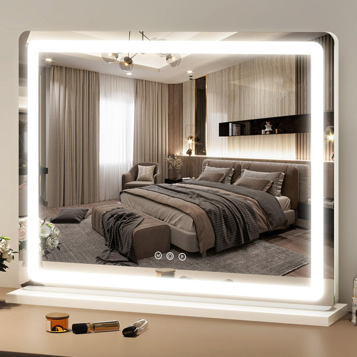 FENNIO front view Hollywood mirror showing full white frame and even LED glow benefits accurate makeup