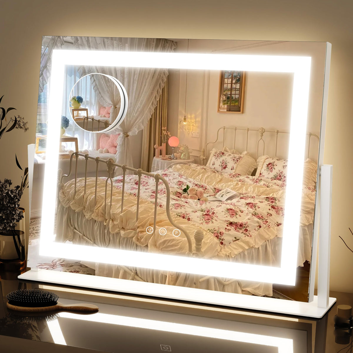 FENNIO front view of white lighted vanity mirror showing full coverage and accurate reflection