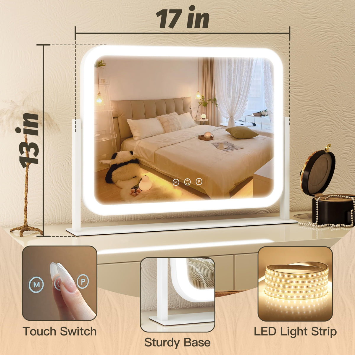 FENNIO mirror in bedroom setup showing styled use and improved makeup results benefit