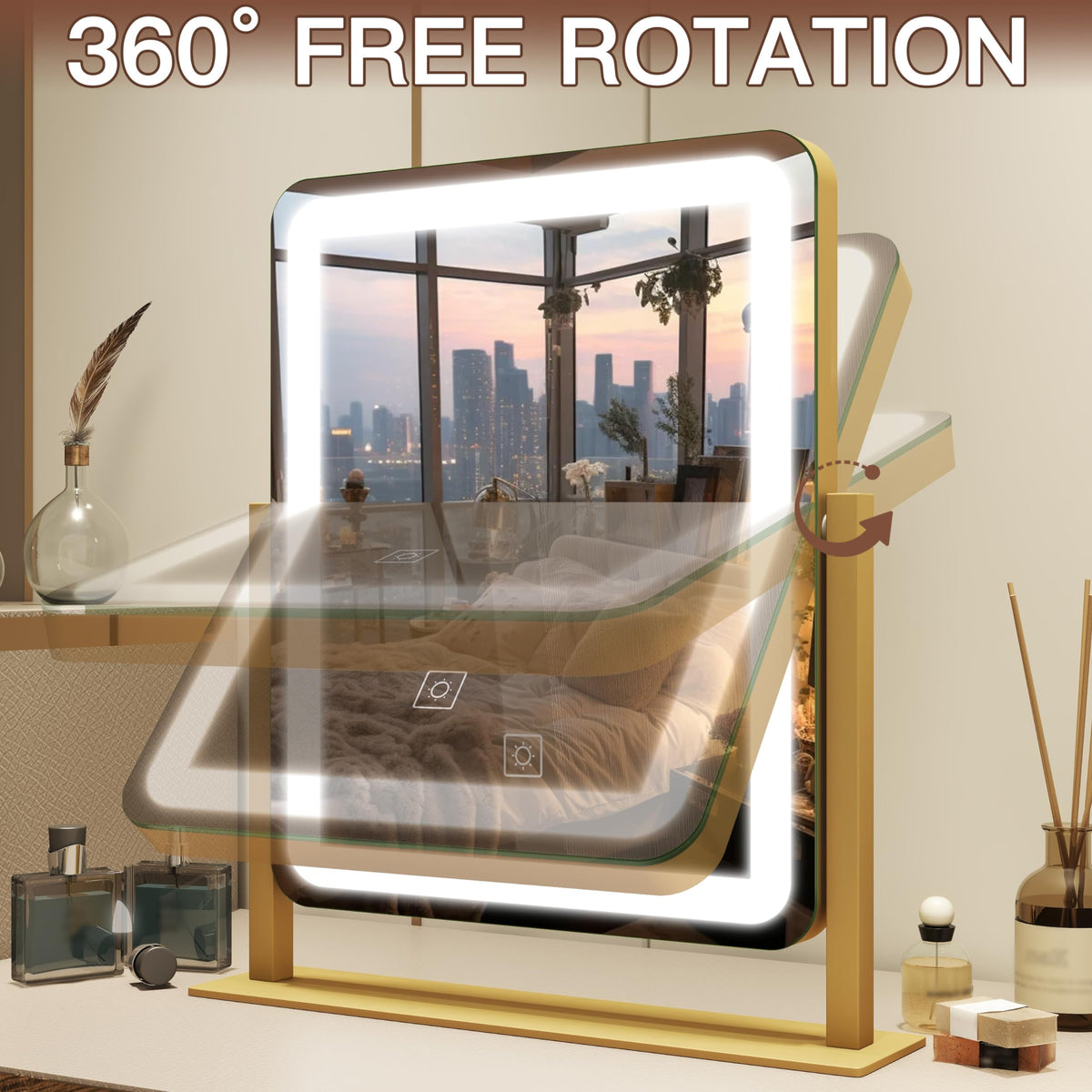 FENNIO mirror on vanity lifestyle scene showing real-world styling and convenience benefit