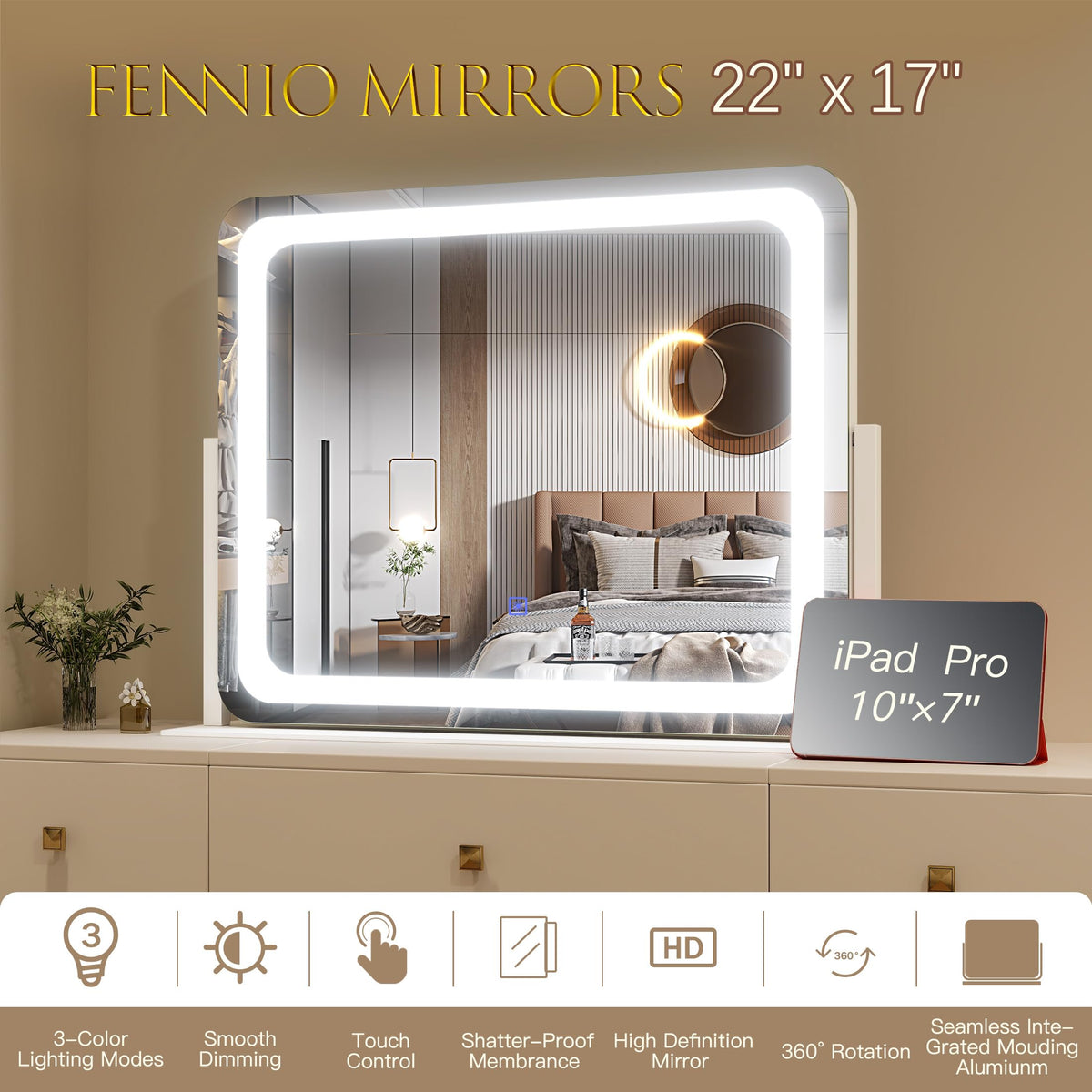 FENNIO mirror next to a hand for scale showing compact tabletop fit benefit space-saving size