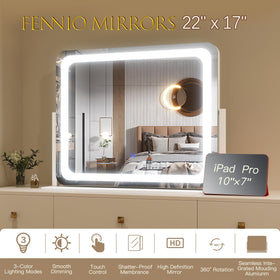 FENNIO mirror next to a hand for scale showing compact tabletop fit benefit space-saving size