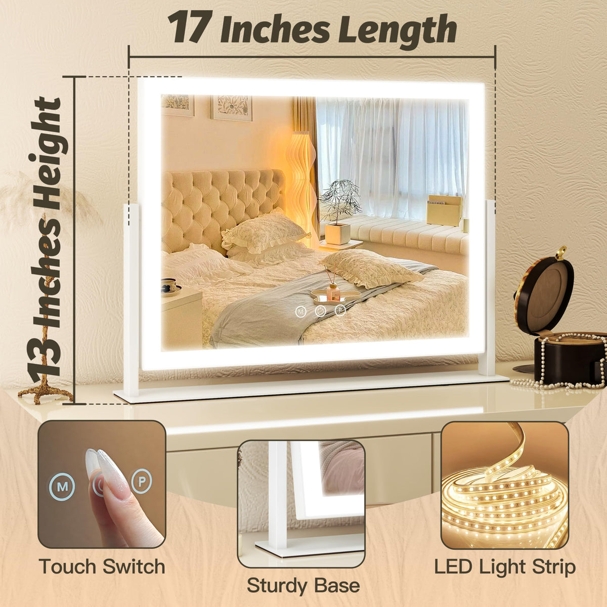 FENNIO vanity mirror on bedroom dresser styled with cosmetics showing how it complements décor
