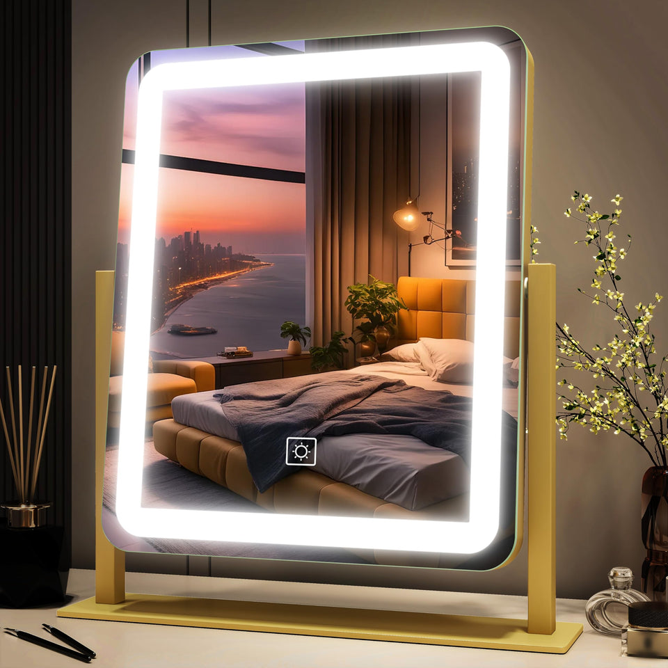 FENNIO front view gold vanity mirror showing full illuminated surface and clean silhouette benefit