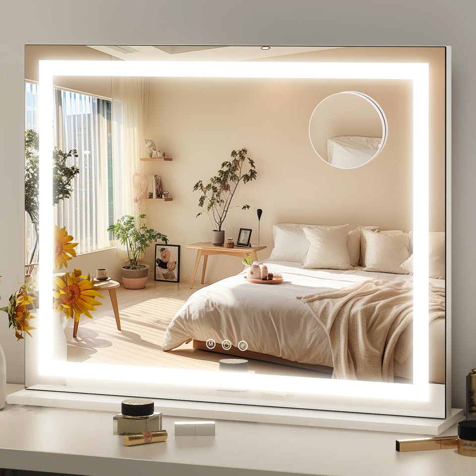 FENNIO front view showing square LED vanity mirror, bright even lighting