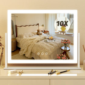FENNIO vanity mirror front view showing clean white frame and LED lights for better makeup application