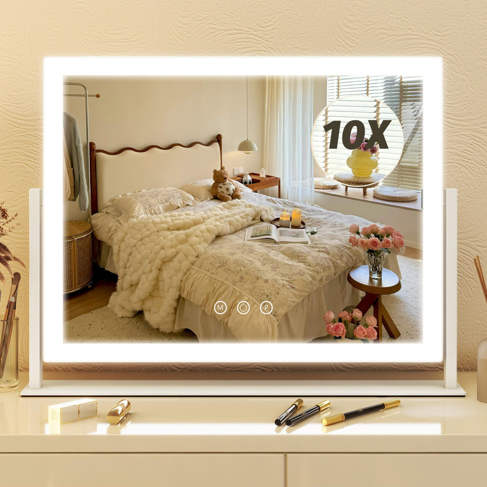 FENNIO vanity mirror front view showing clean white frame and LED lights for better makeup application