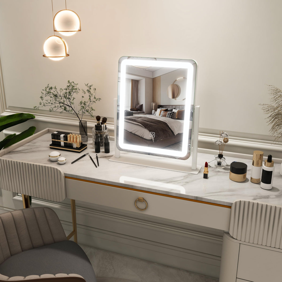 FENNIO mirror on vanity tabletop offering organized grooming space