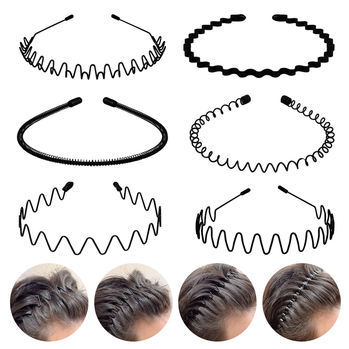 fenshine front packaging showing six black metal headbands, organized and ready to use