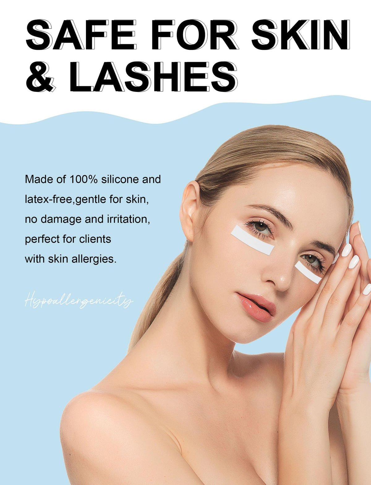 fenshine tape securing an under-eye pad for neat application and reduced adhesive spread