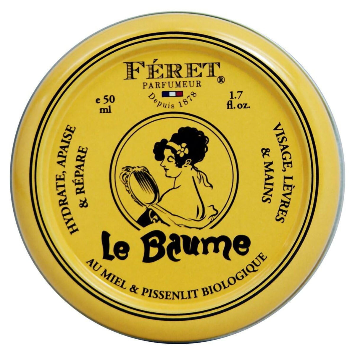 Feret Parfumeur tin front view showing compact tin and elegant packaging benefit: portable skincare