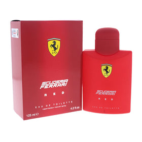 Ferrari Scuderia Red bottle held in hand showing 4.2 oz size and scale