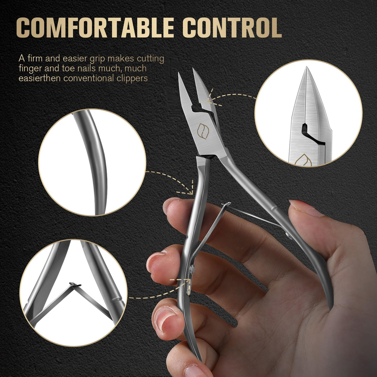 FERYES clippers in use trimming a toenail demonstrating accurate, safe control