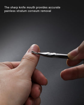 FERYES fork detail showing sharp prongs for lifting dead cuticle safely and cleanly