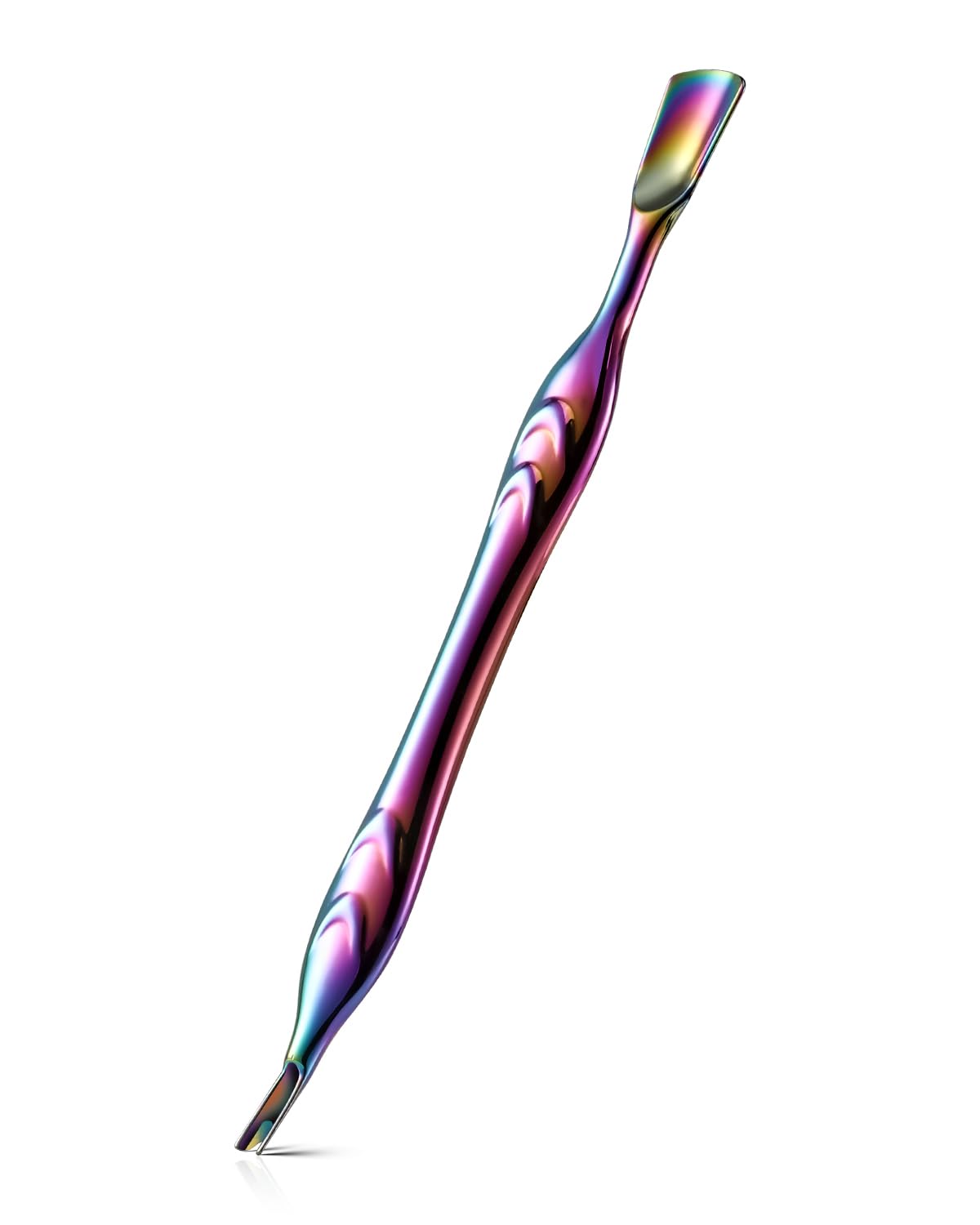 FERYES front view of rainbow cuticle pusher showing ergonomic shape and precision