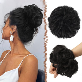 FESHFEN front view of Natural Black messy bun showing packaging and texture benefit