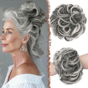 FESHFEN front view of large messy bun showing full volume and natural finish
