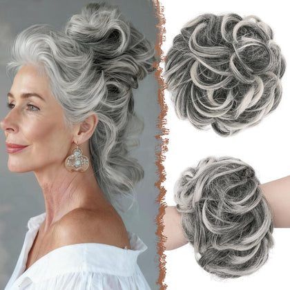 FESHFEN front view of large messy bun showing full volume and natural finish