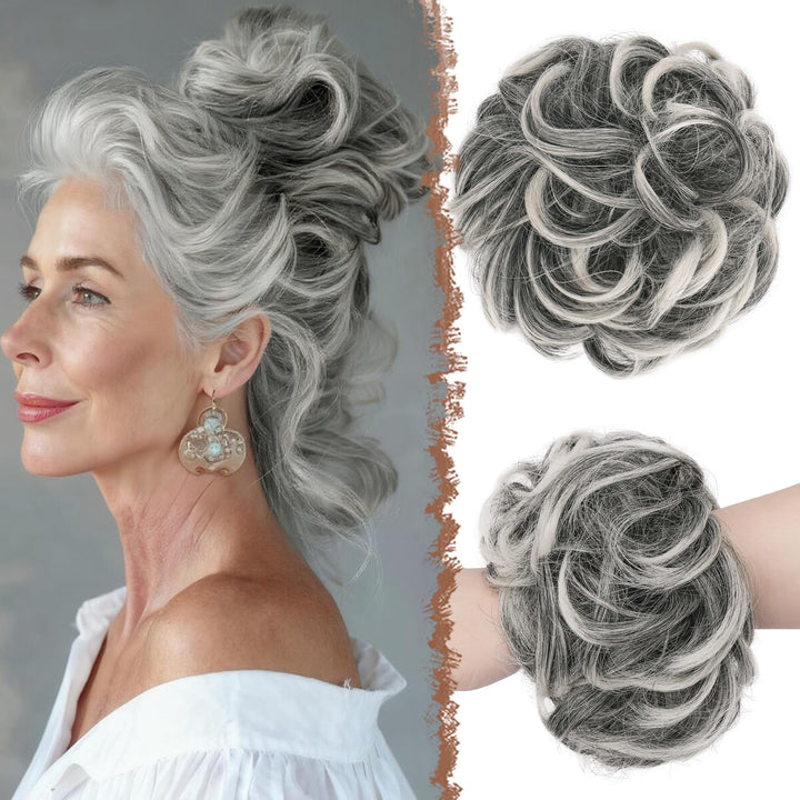 FESHFEN front view of large messy bun showing full volume and natural finish